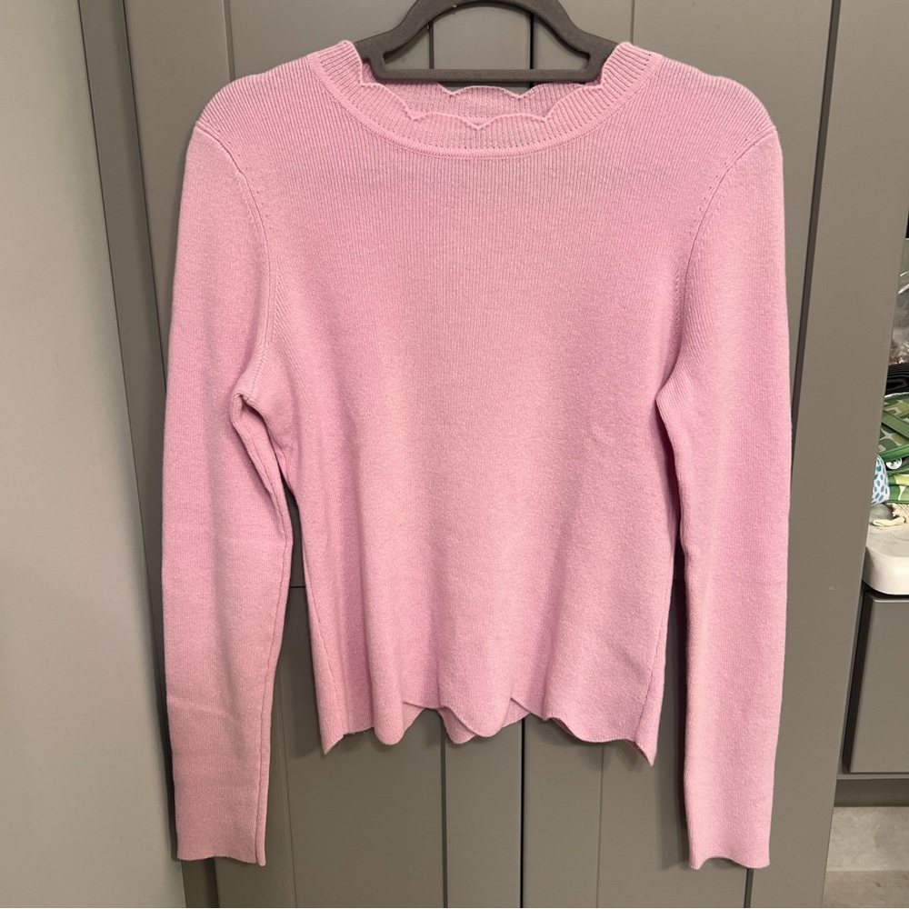 Aqua 100% Cashmere Sweater with Scalloped Detail on Neckline and Hem